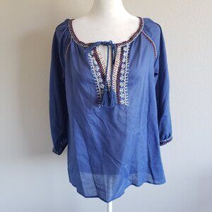 Gerard Darel Paris Blouse Blue Boho Peasant Beads Embroidery Tassel Size M EU 36